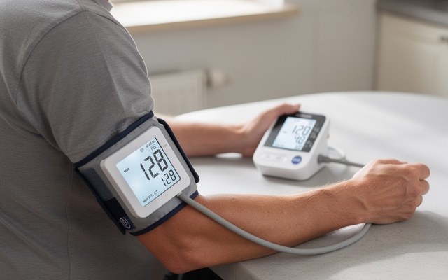A person sitting at a table taking their blood pressure with a digital arm cuff monitor