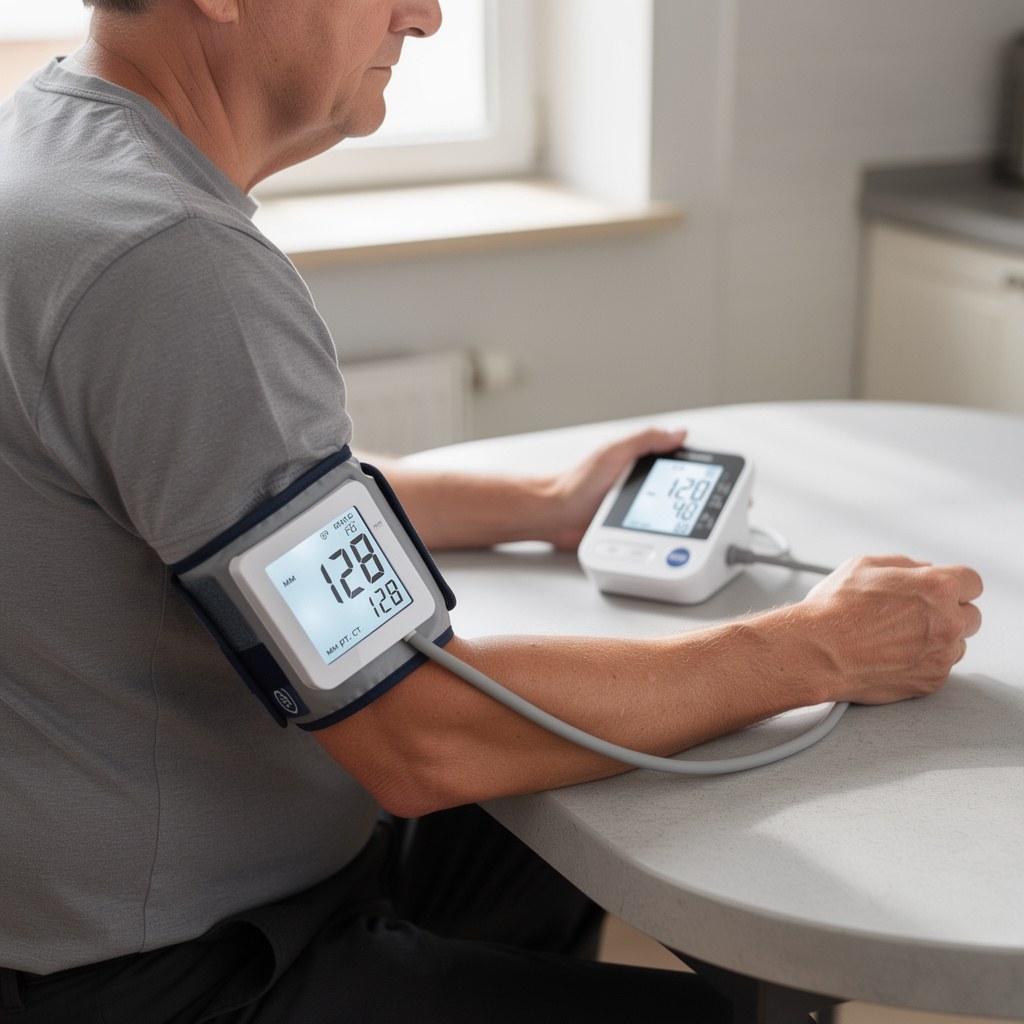 A person sitting at a table taking their blood pressure with a digital arm cuff monitor