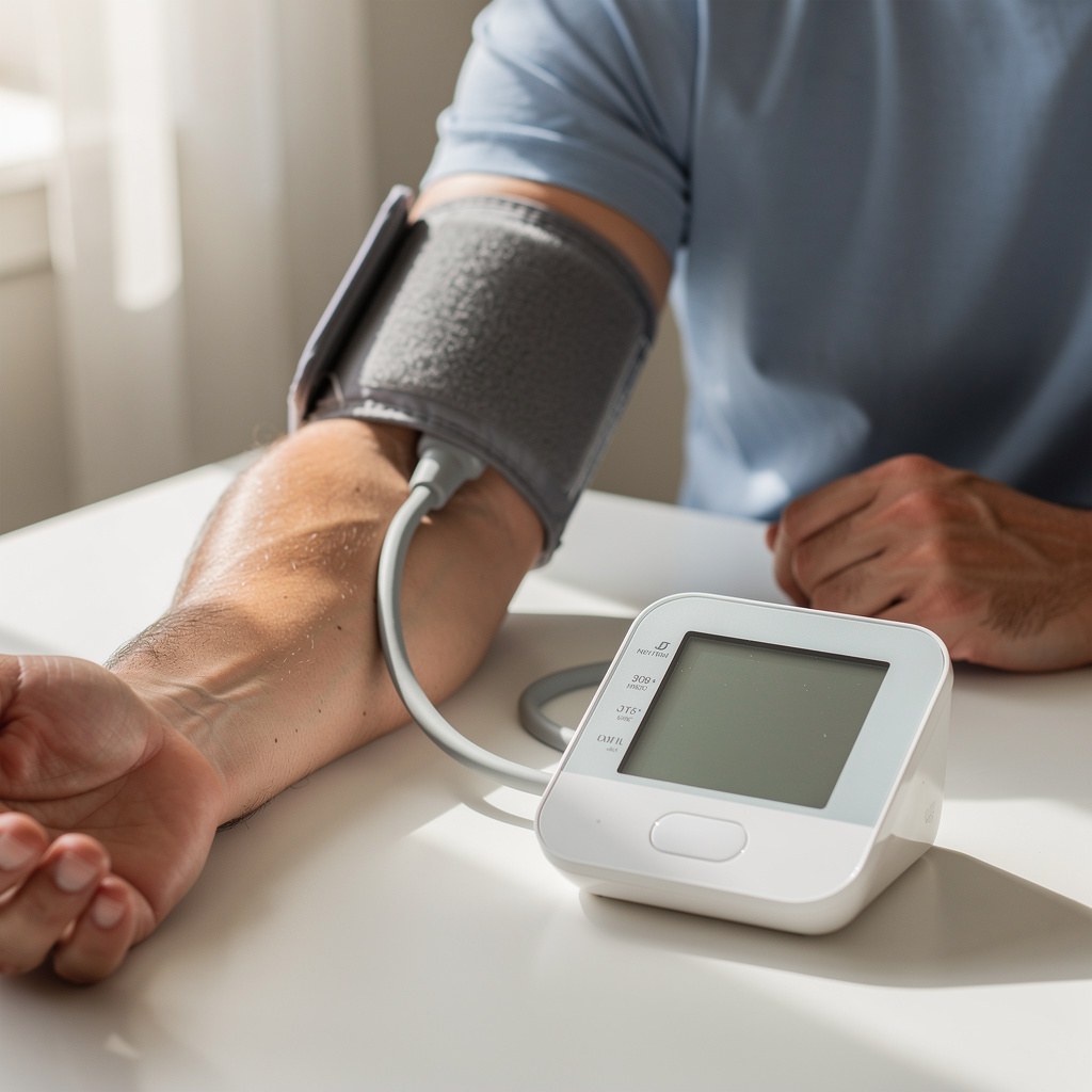 A person sitting at a table taking their blood pressure with a digital arm cuff monitor