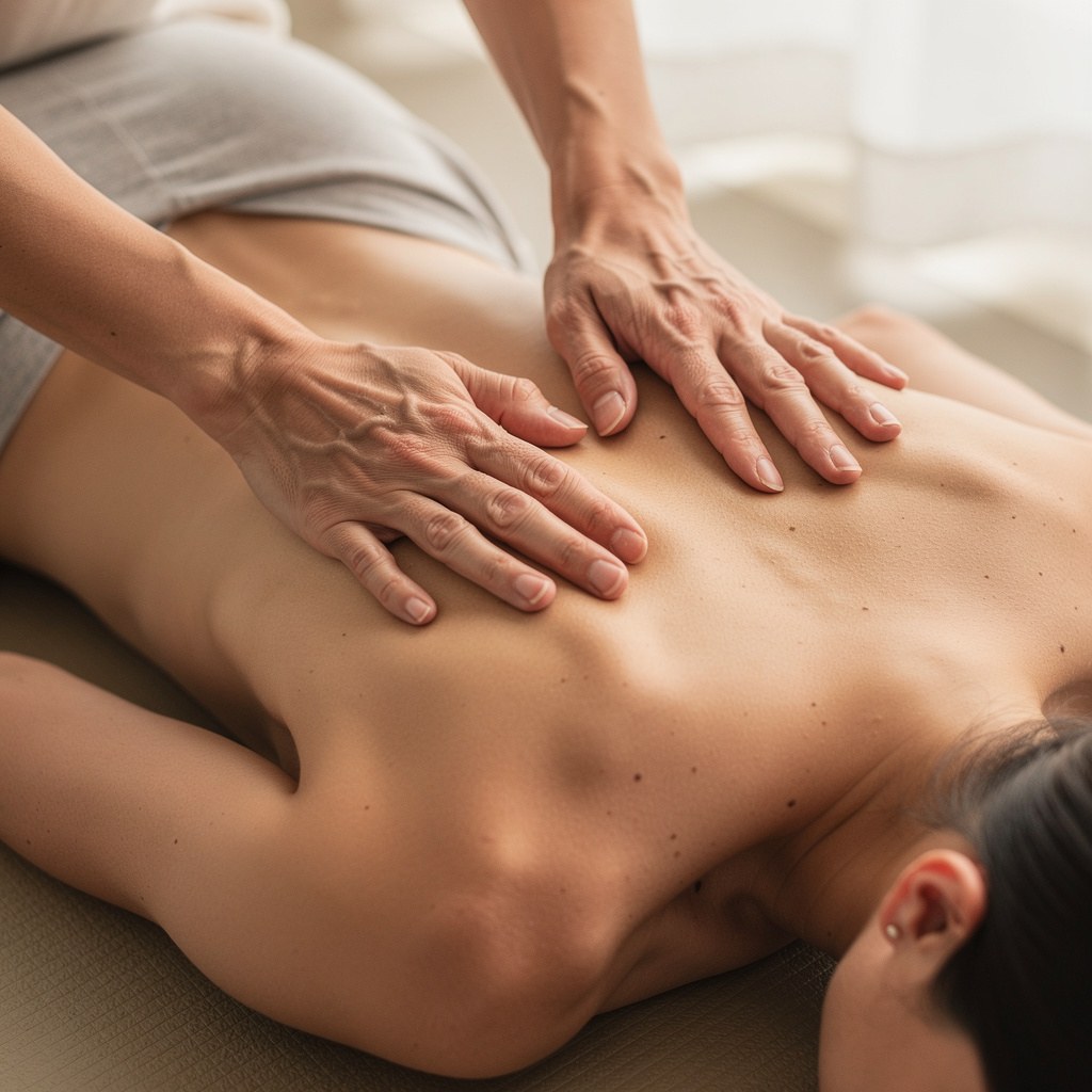 A practitioner's hands applying finger pressure along a meridian line on a person's back