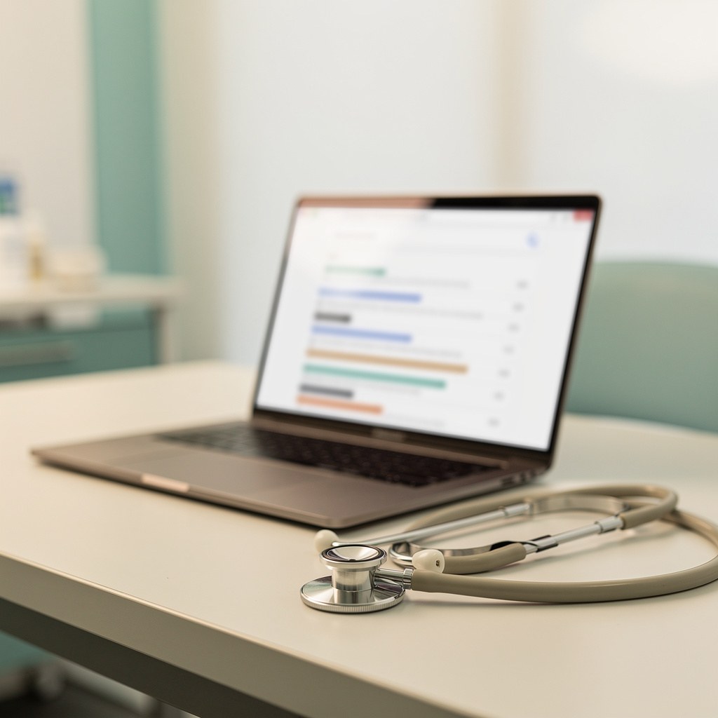 A person searching for health symptoms on a laptop with search results on screen