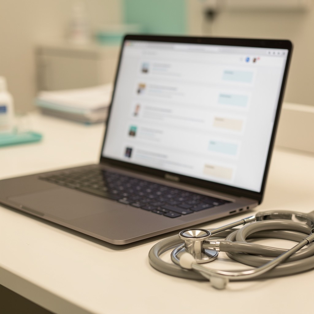 A person searching for health symptoms on a laptop with search results on screen