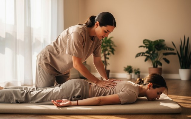 A practitioner applying gentle finger pressure along a client's back during a shiatsu session