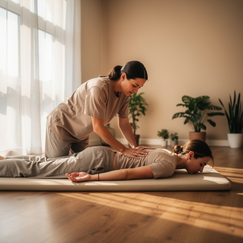 A practitioner applying gentle finger pressure along a client's back during a shiatsu session