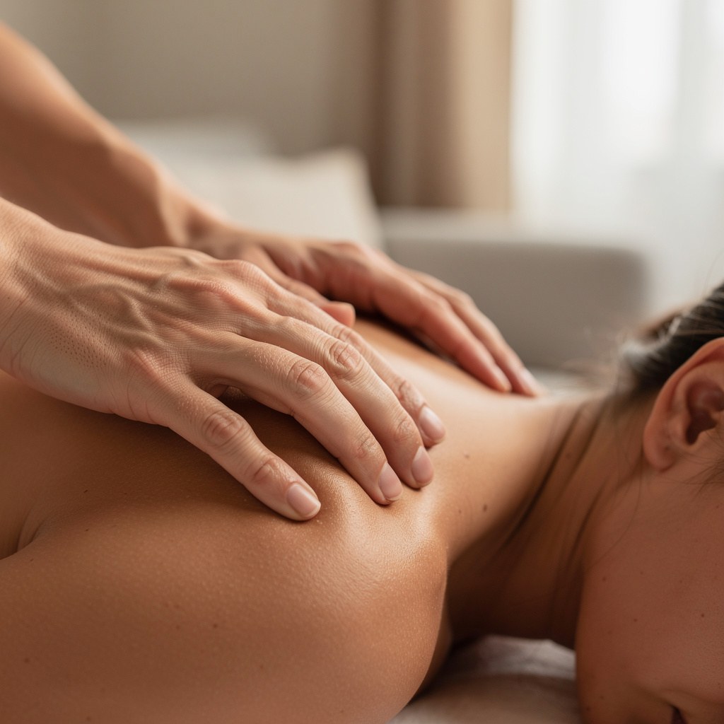 Hands applying gentle pressure to a shoulder point during a shiatsu session