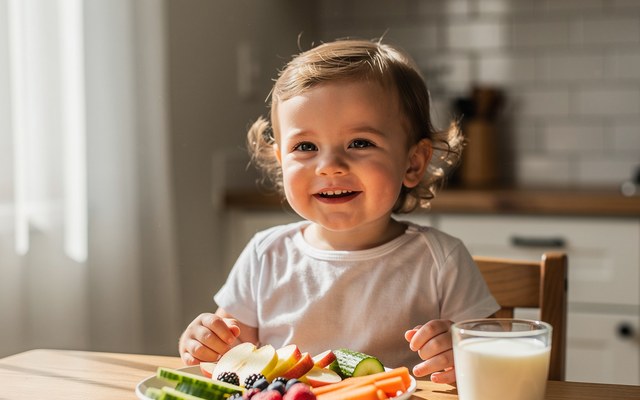 A toddler sitting at a small table eating a colorful plate of food
