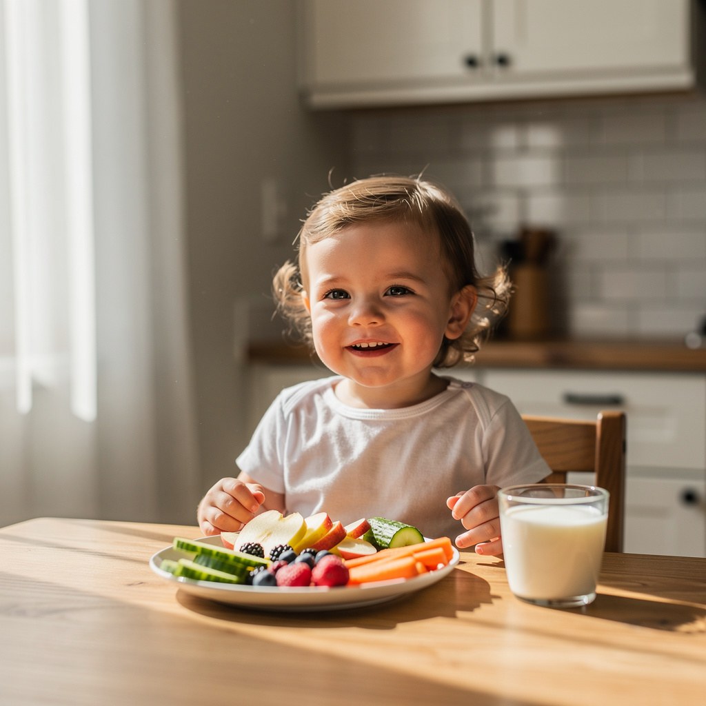 A toddler sitting at a small table eating a colorful plate of food